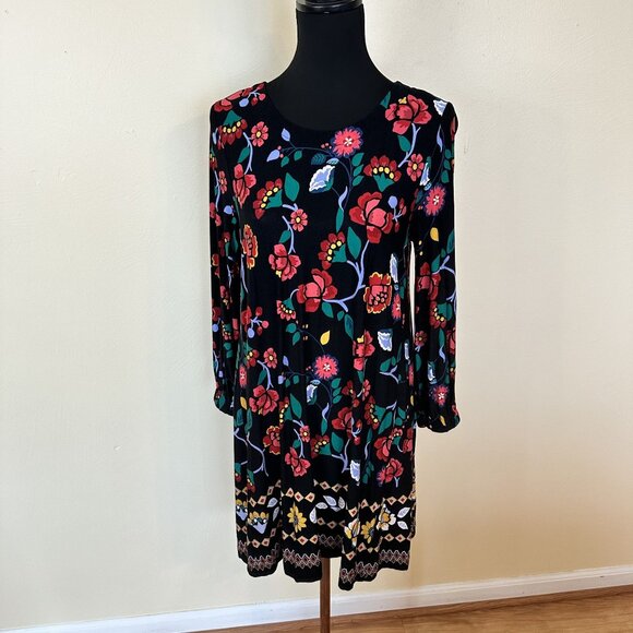 Loft Floral Black Long Sleeve Mini Dress Multicolor Medium Petite Rayon - Picture 10 of 10